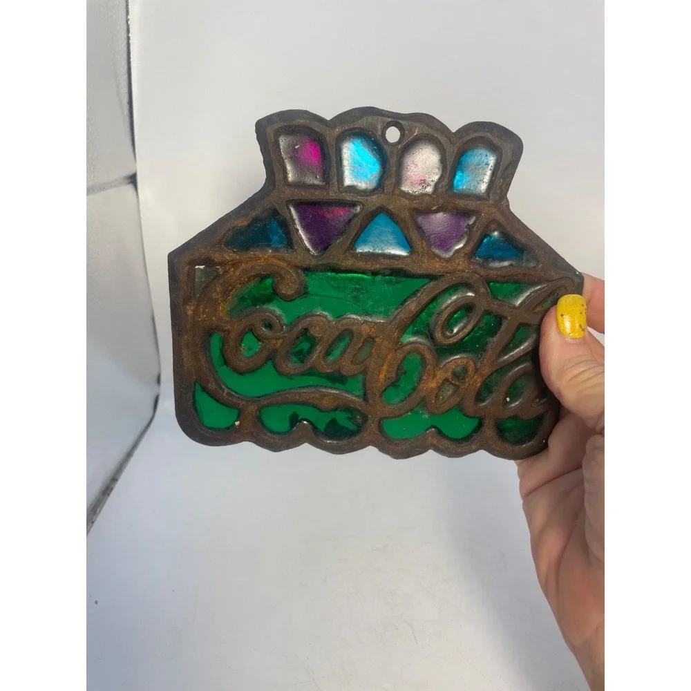 Vintage Coca-Cola Stained Glass Cast Iron Hot Plate Trivet Collectible Decor